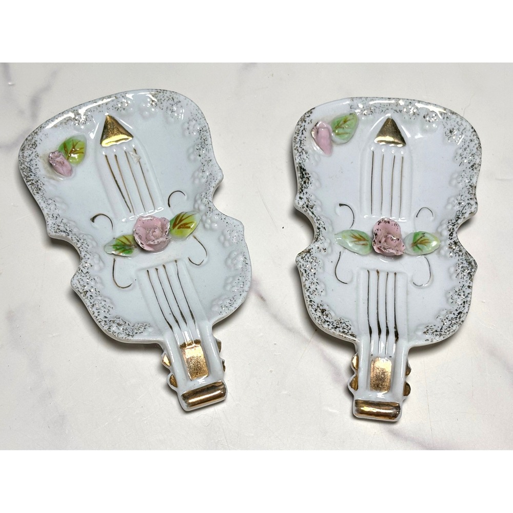 Vintage Ceramic Violin Trinket Dish Set 2pc Pink Rose Gold Gilt Porcelain White